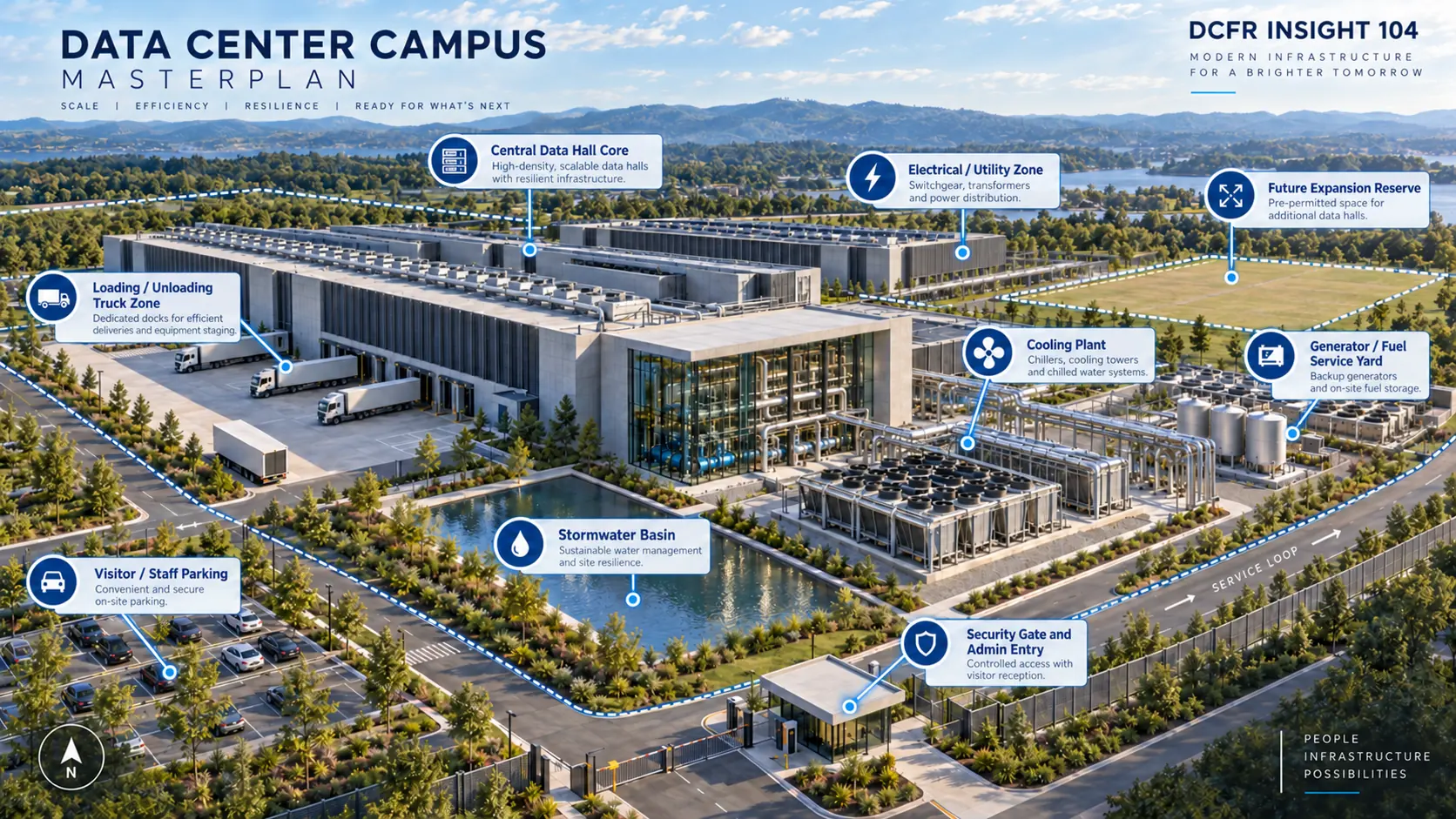 Data center campus masterplan showing data halls, electrical infrastructure, cooling yards, circulation, stormwater, security, and future expansion.