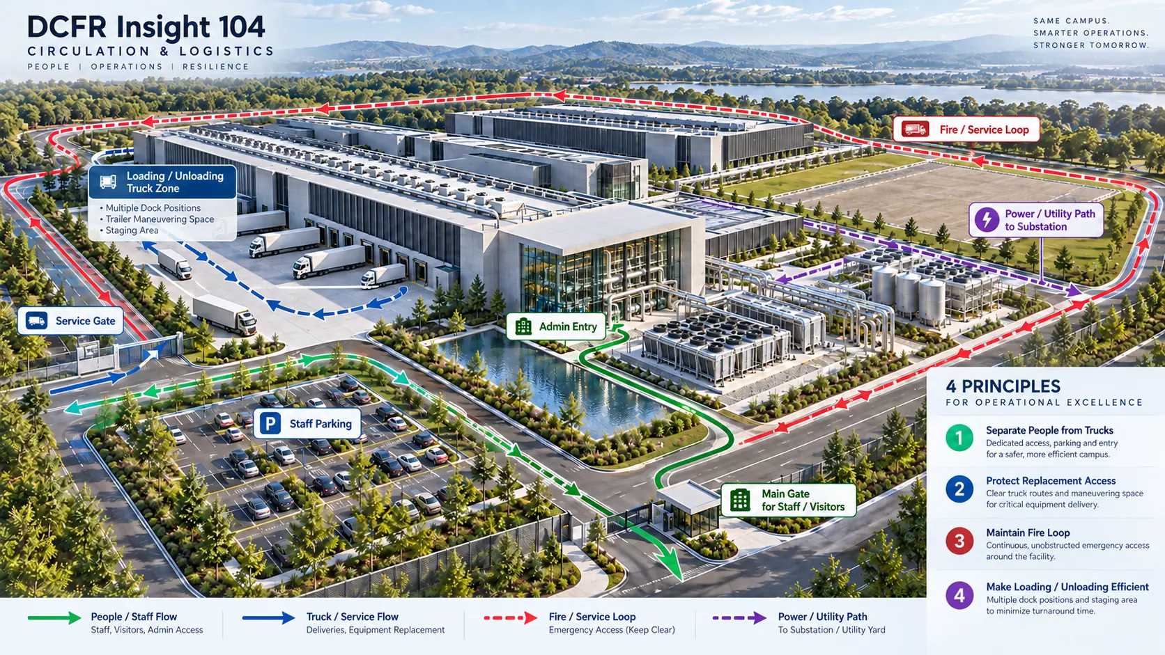 Data center campus circulation and logistics diagram showing separate staff flow, truck and service flow, fire and service loop, and power and utility path.