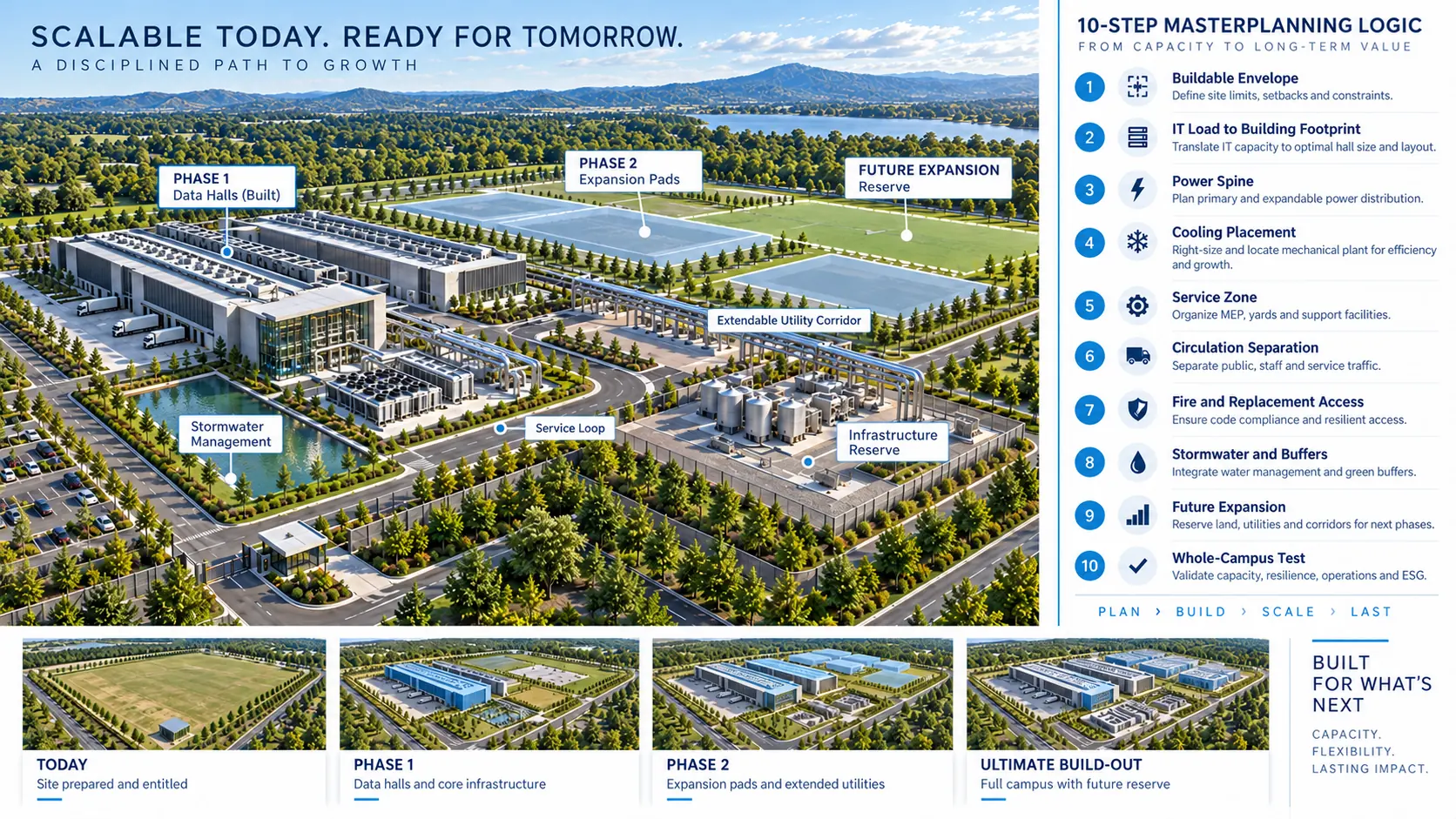 Data center campus phased masterplanning graphic showing Phase 1, Phase 2, future expansion reserve, utility corridor, infrastructure reserve, and the 10-step masterplanning logic.