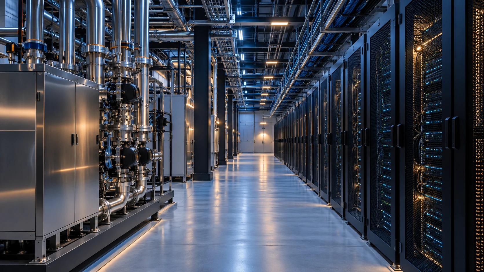 Conceptual GPU data center service aisle with black server racks, organized overhead services, and coolant distribution equipment