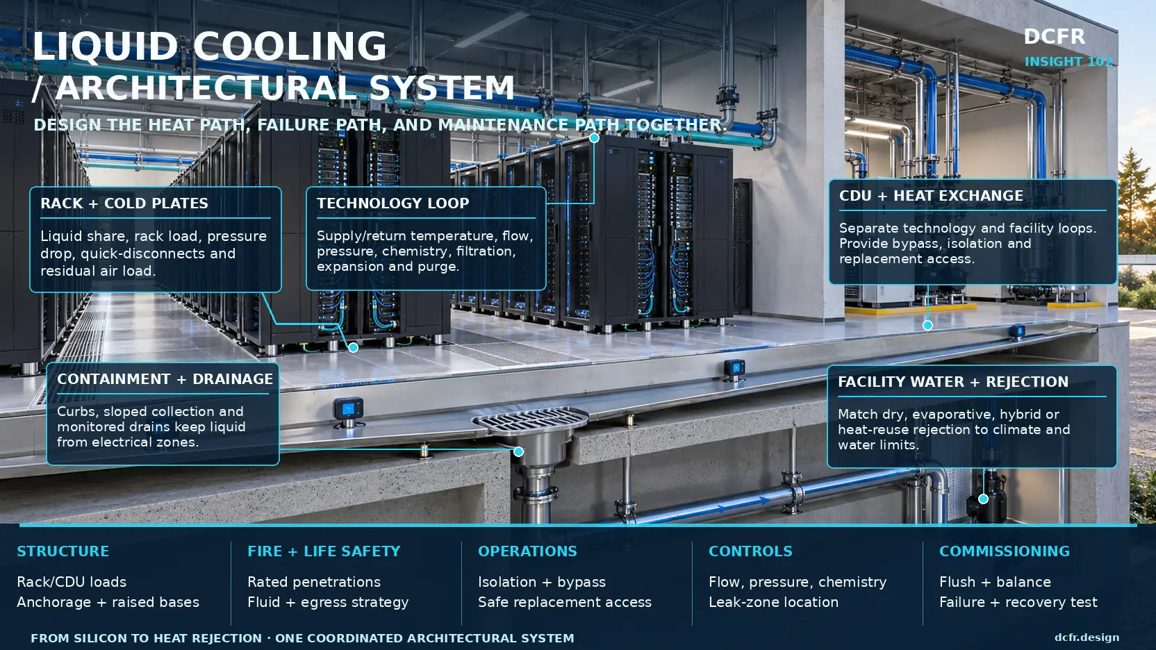 Annotated building section tracing liquid cooling from rack cold plates through the technology loop, CDU, facility-water system, containment, drainage, and heat rejection.