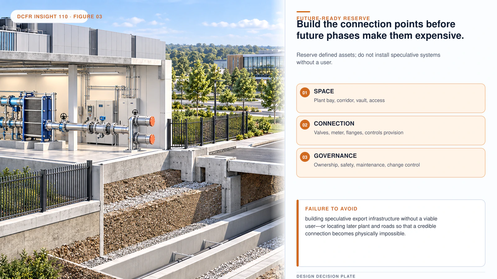 Technical architectural visual supporting Data Center Heat Reuse: Designing the Architectural Interface Before an Off-Taker Exists.