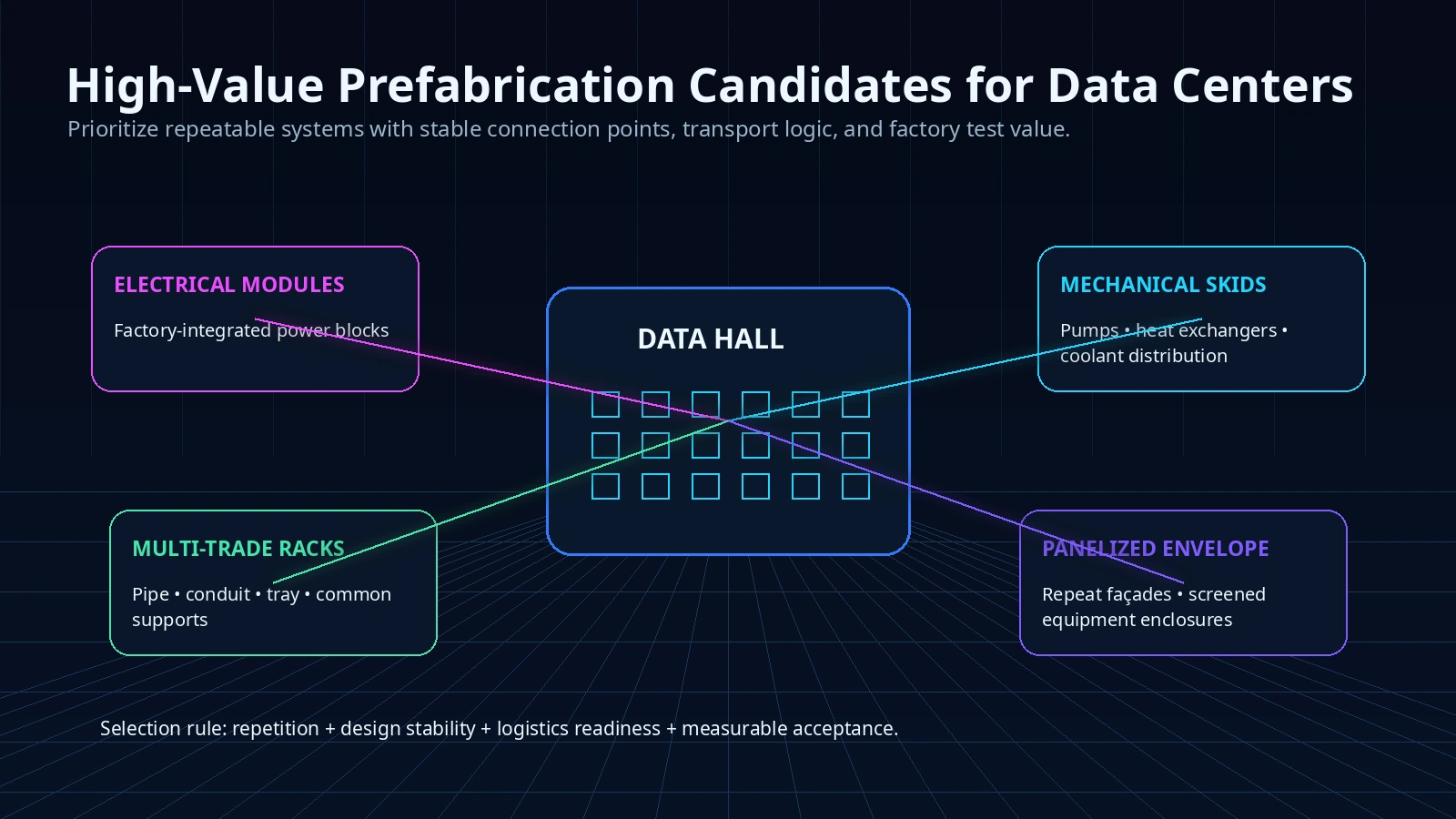 High-value data center prefabrication candidates including electrical modules, mechanical skids, multi-trade racks, and envelope systems