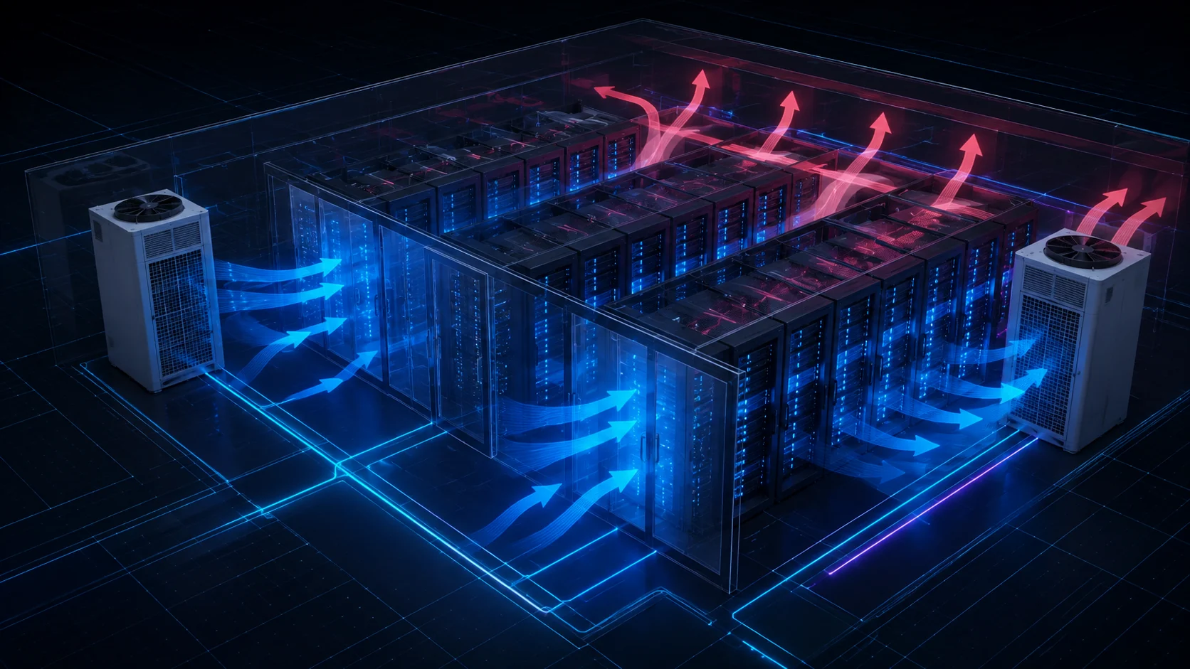 Editorial diagram of contained conventional air cooling in a data hall