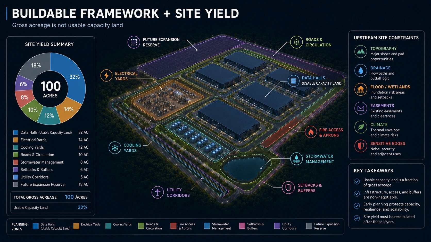 Data center campus land allocation and site-yield diagram showing how topography, drainage, climate, flood constraints, easements, buffers and infrastructure reduce gross acreage to usable capacity land