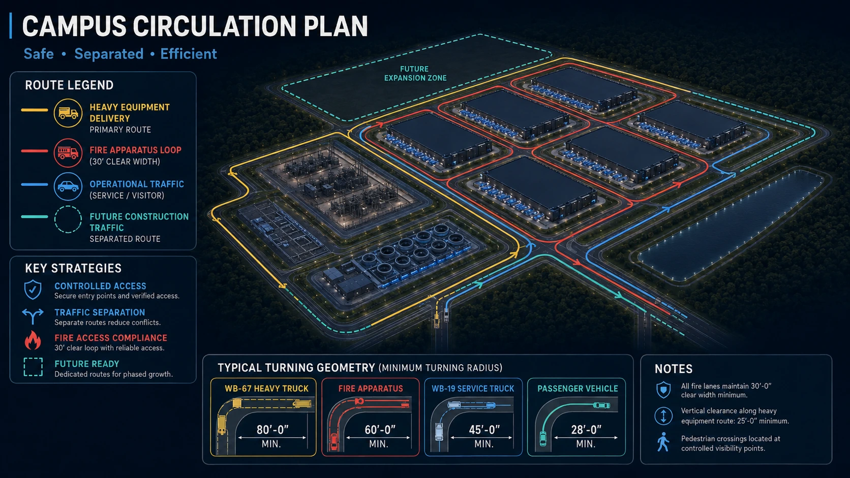 Illustrative data center campus circulation diagram showing fire access, heavy equipment delivery, operational traffic and construction traffic