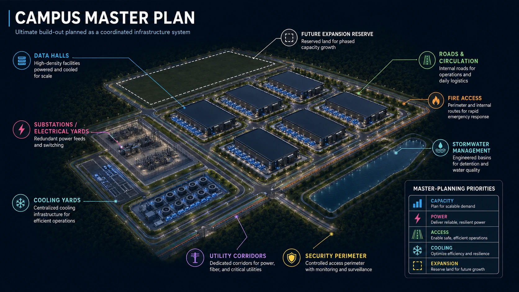 Illustrative data center campus master plan showing data halls, electrical infrastructure, cooling yards, circulation, stormwater, security and future expansion
