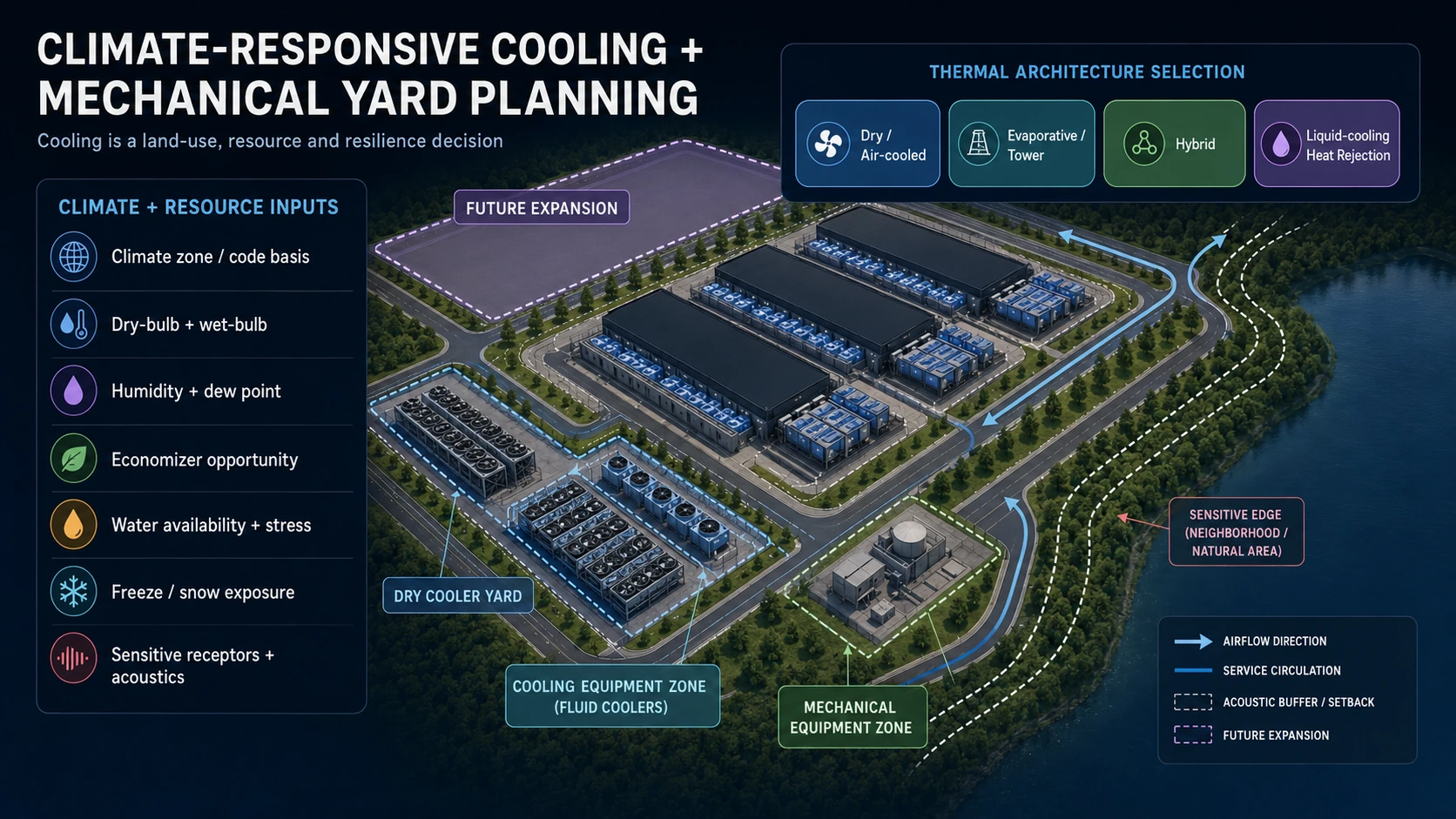 Climate-responsive data center cooling and mechanical yard planning diagram showing climatic design conditions, water availability, cooling options, service access and acoustic considerations