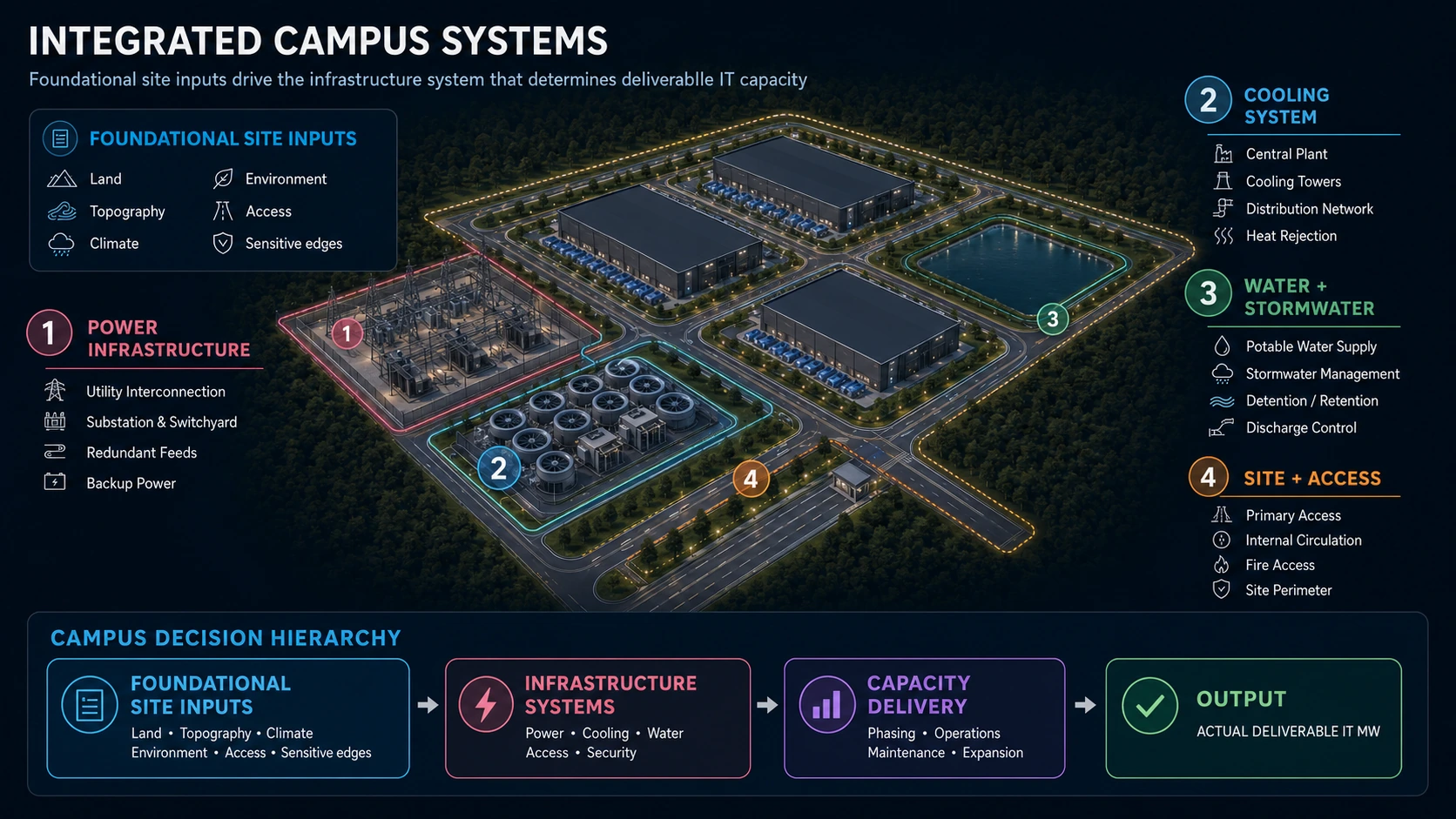 Integrated data center campus planning hierarchy connecting land, topography, climate and environmental context to power, cooling, water, access, fire, civil infrastructure, security, phasing, maintenance, replacement, expansion and deliverable IT capacity