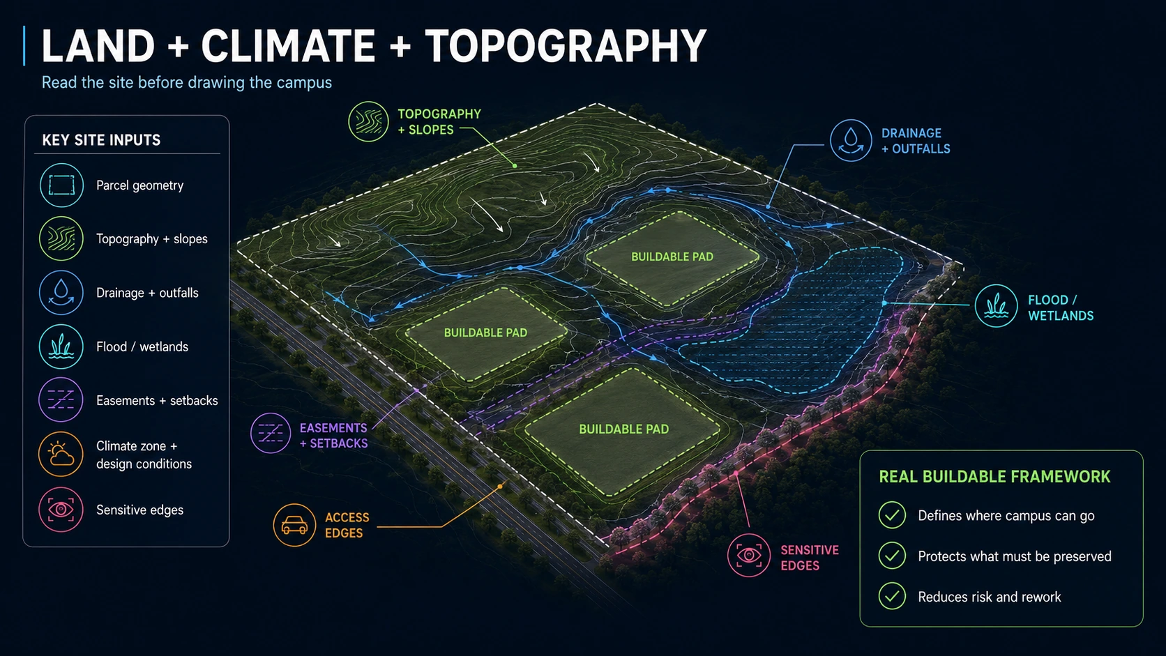 Data center campus site analysis diagram showing land, climate, topography, drainage, environmental constraints, sensitive edges and the resulting buildable framework