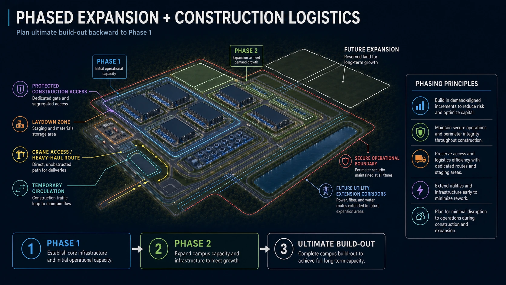 Illustrative phased data center campus expansion and construction logistics diagram