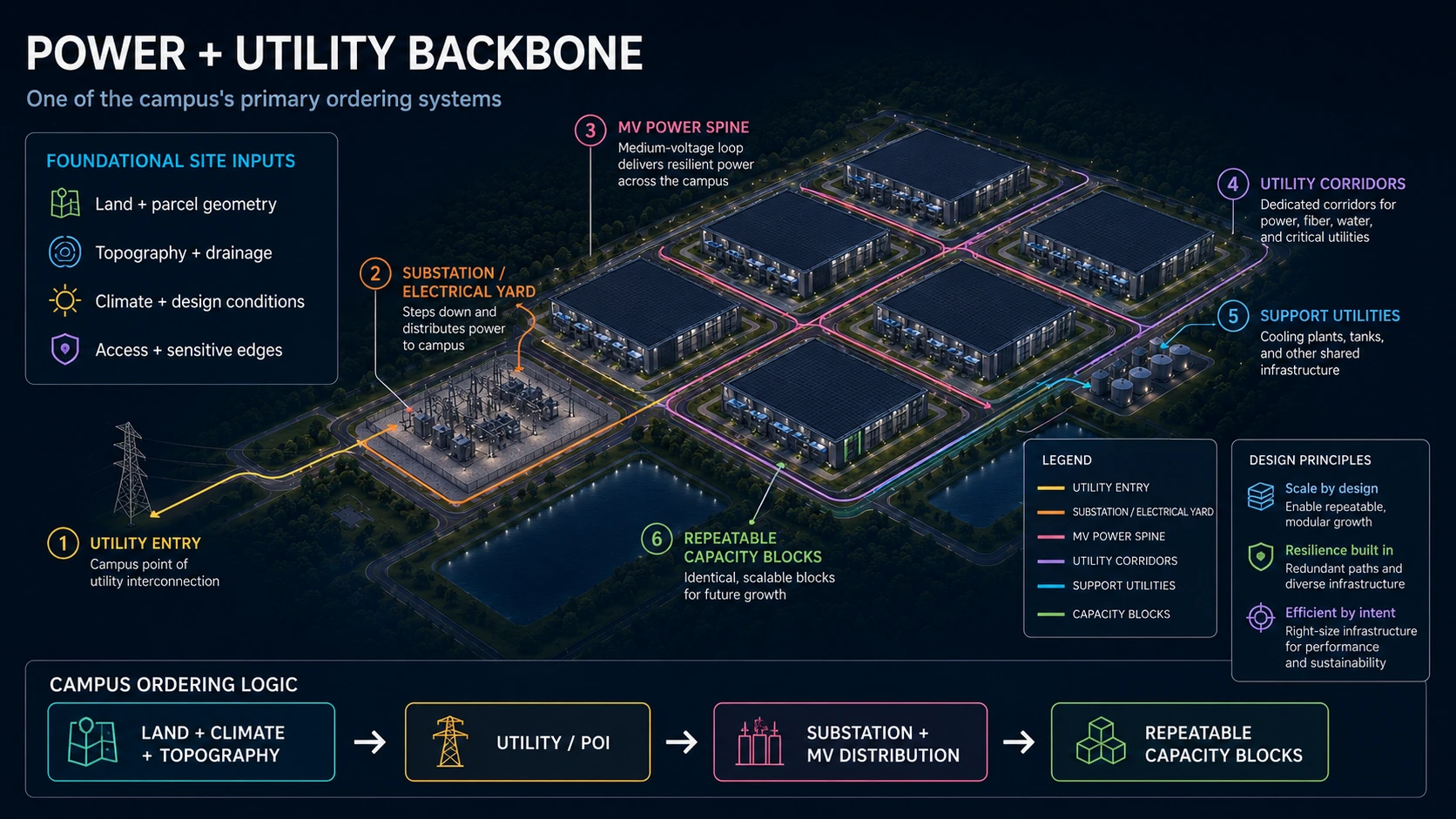 Data center campus power and utility backbone diagram coordinated with land, climate, topography, access and repeatable capacity blocks