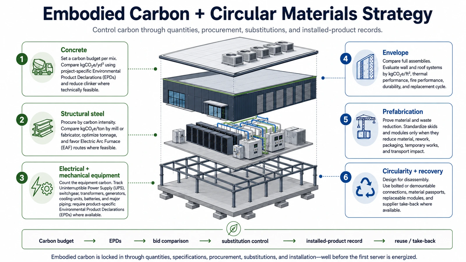 Embodied-carbon and circular-material lifecycle for data center construction and equipment.