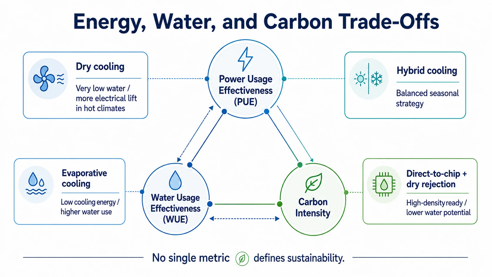 Data center cooling comparison showing linked energy, water, and carbon tradeoffs.