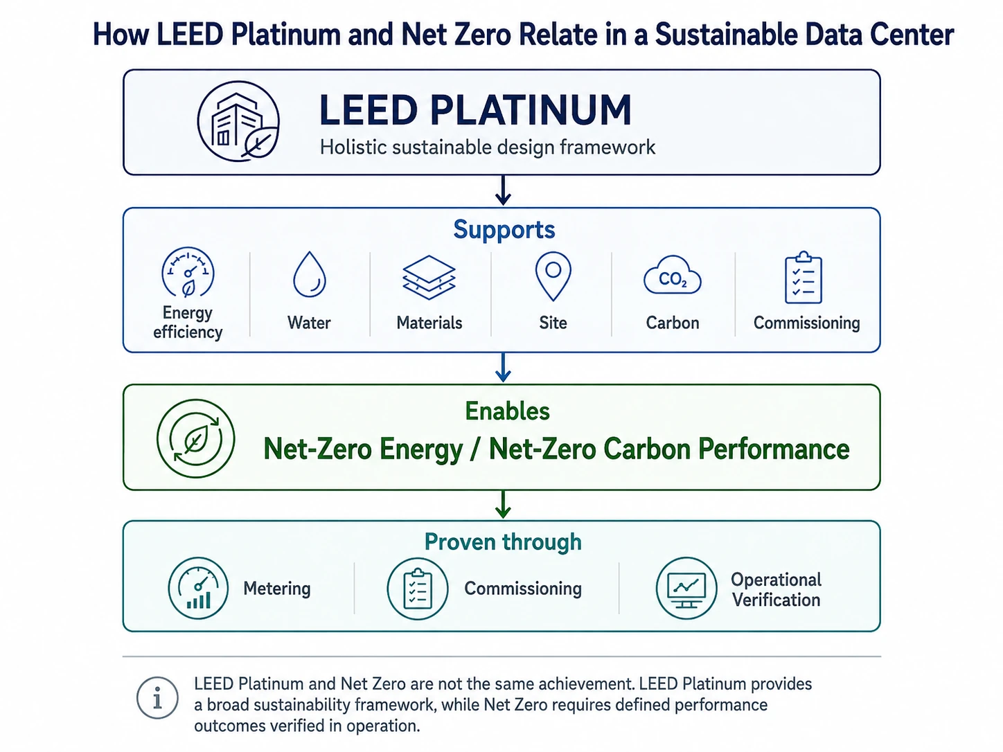Relationship between LEED Platinum certification, Net-Zero targets, and verified operating performance.