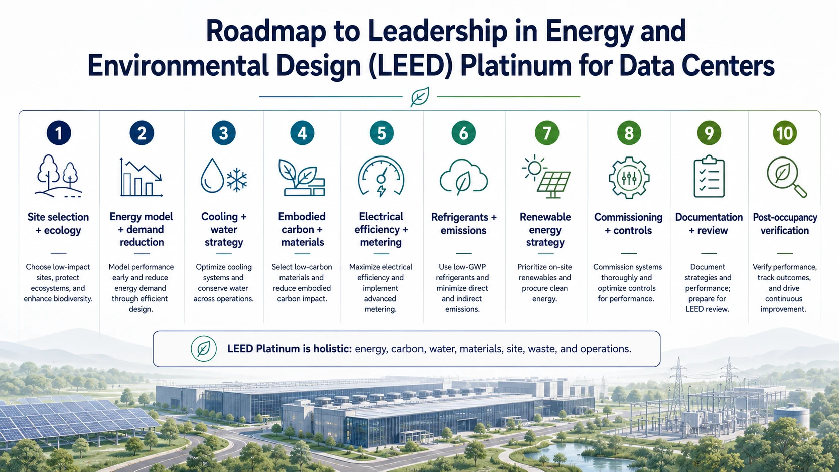 Illustrative LEED Platinum planning roadmap from rating-system selection through certification review.