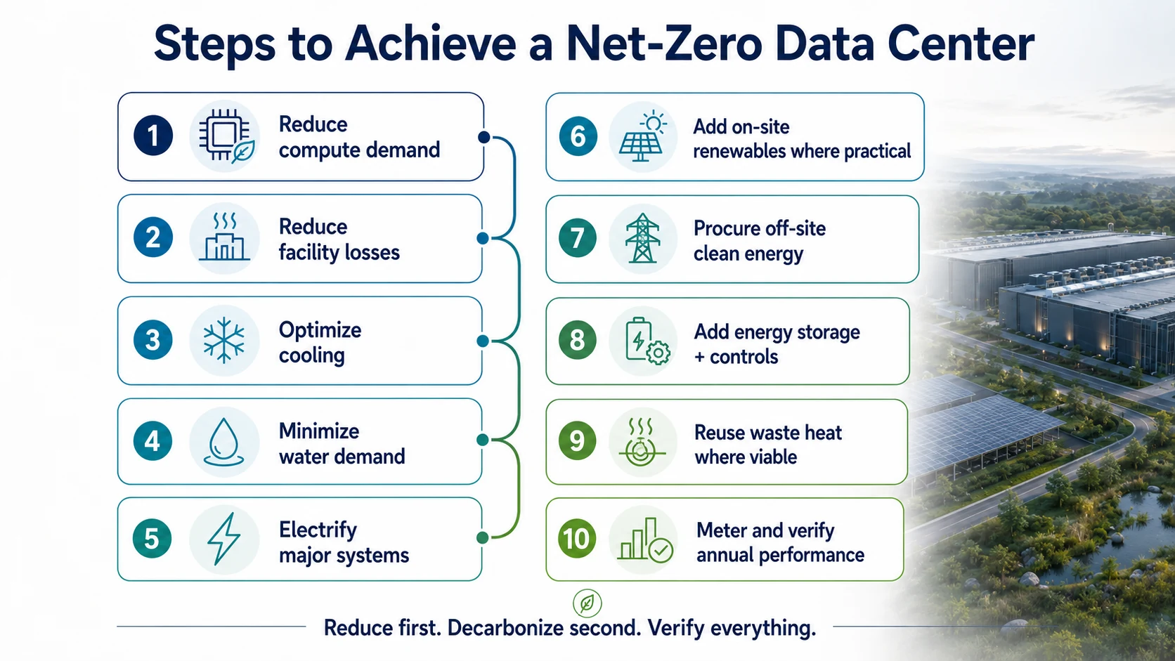 Ten-step roadmap toward Net-Zero data center energy and carbon performance.