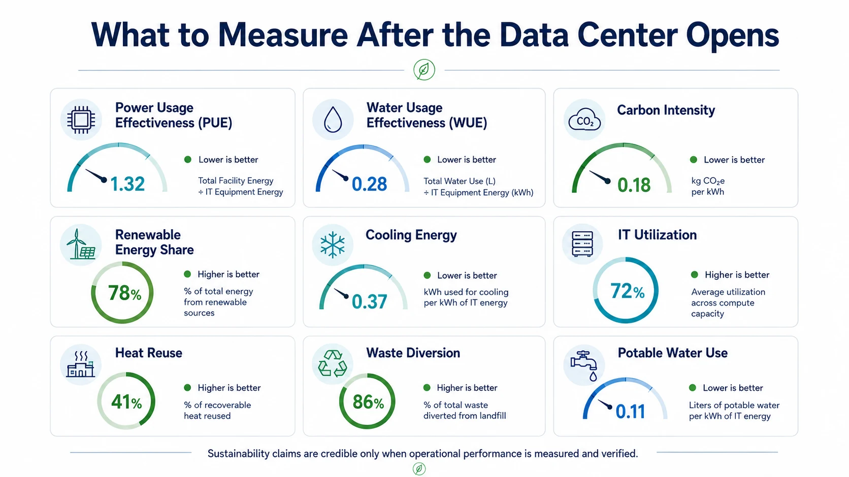 Illustrative dashboard for measured data center sustainability performance after opening.