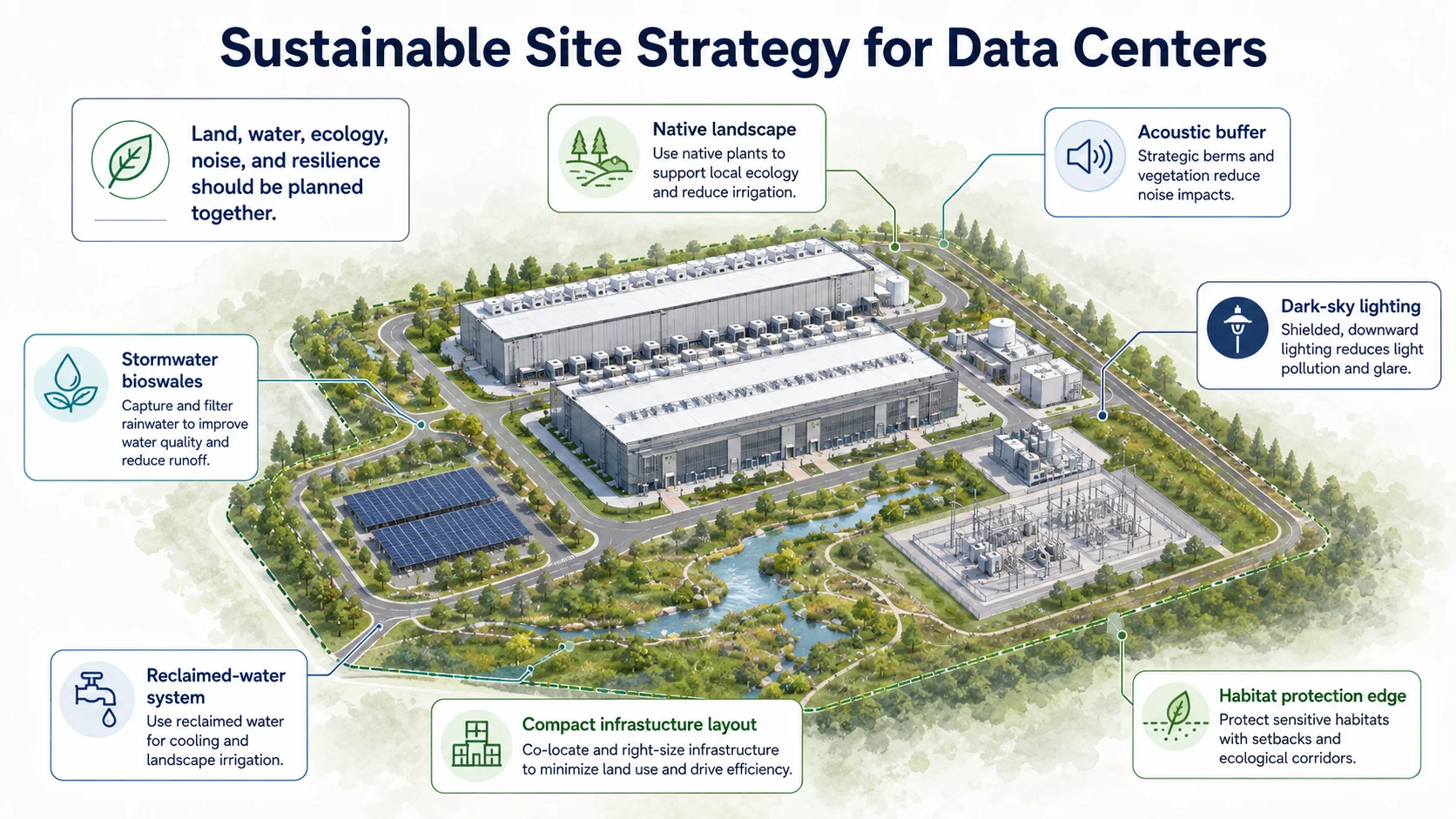 Sustainable data center campus strategy integrating land, ecology, water, acoustics, and community.