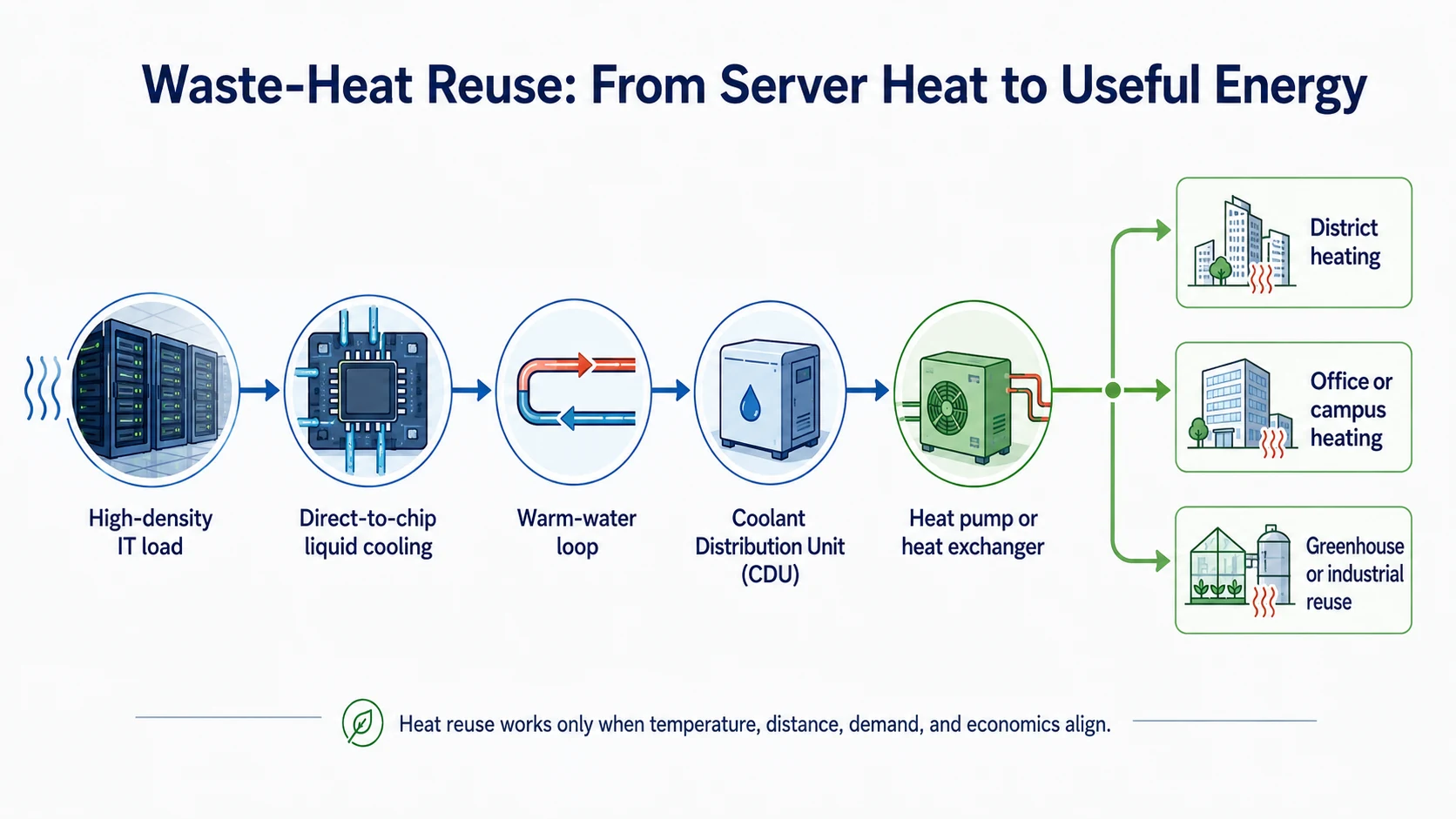 Data center waste-heat recovery network connected to viable nearby heat users.