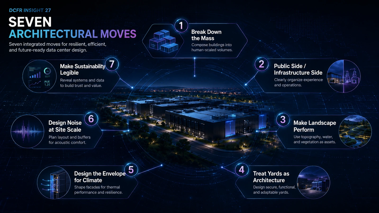 Seven architectural moves for designing a more coherent and better-performing data center campus.