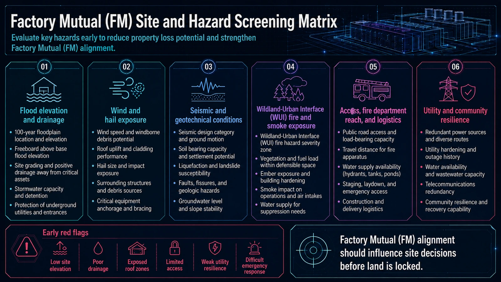Three coordinated review lenses for building-code compliance, Factory Mutual loss prevention, and owner or insurer criteria.