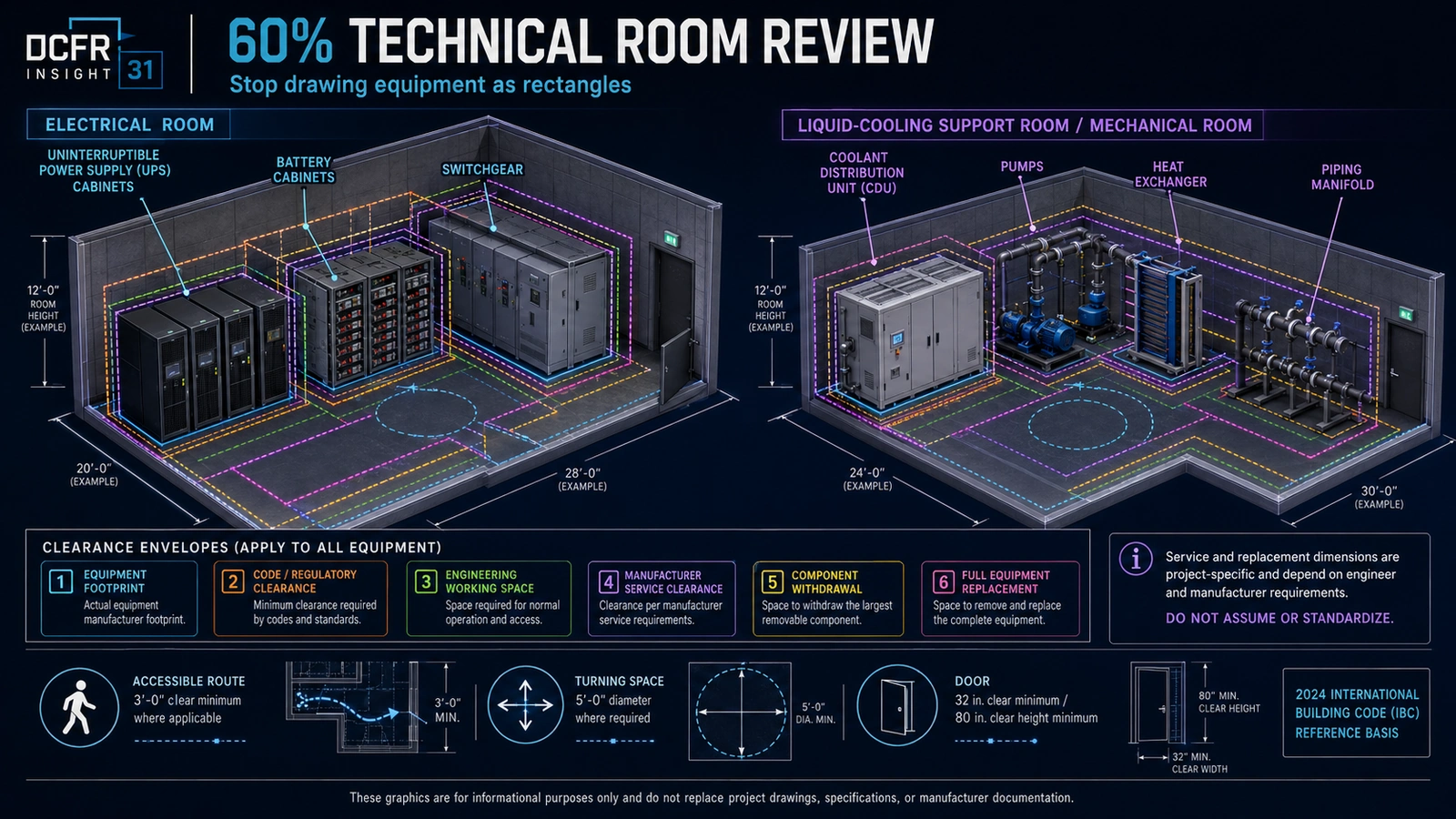 Owner-side 60 percent technical-room equipment-envelope review diagram.