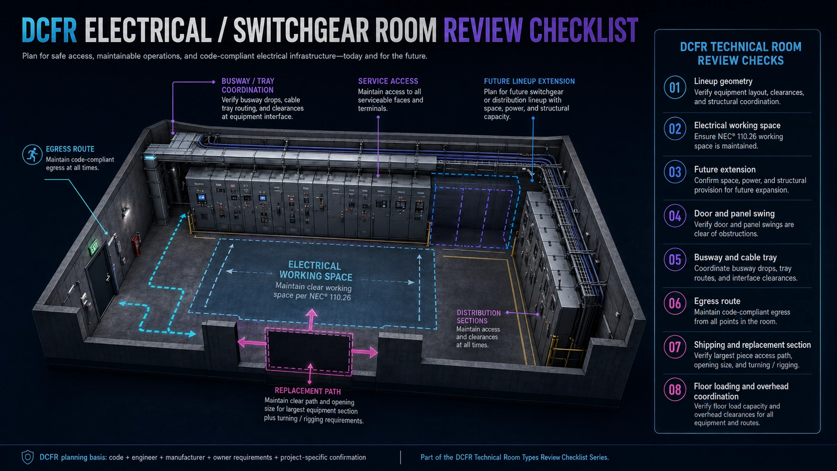DCFR Electrical and Switchgear Room Review Checklist for owner-side design review.