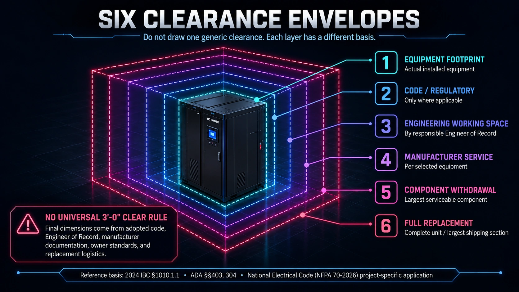 Diagram of the six distinct clearance envelopes used to review a technical room.