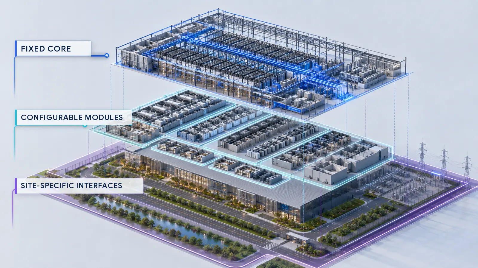 Exploded data center architecture separating the fixed core configurable modules and site-specific interfaces