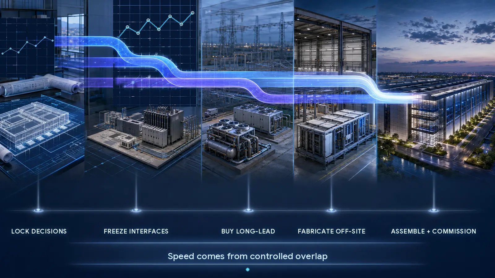 Controlled overlap from locked decisions through long-lead procurement off-site fabrication and commissioning