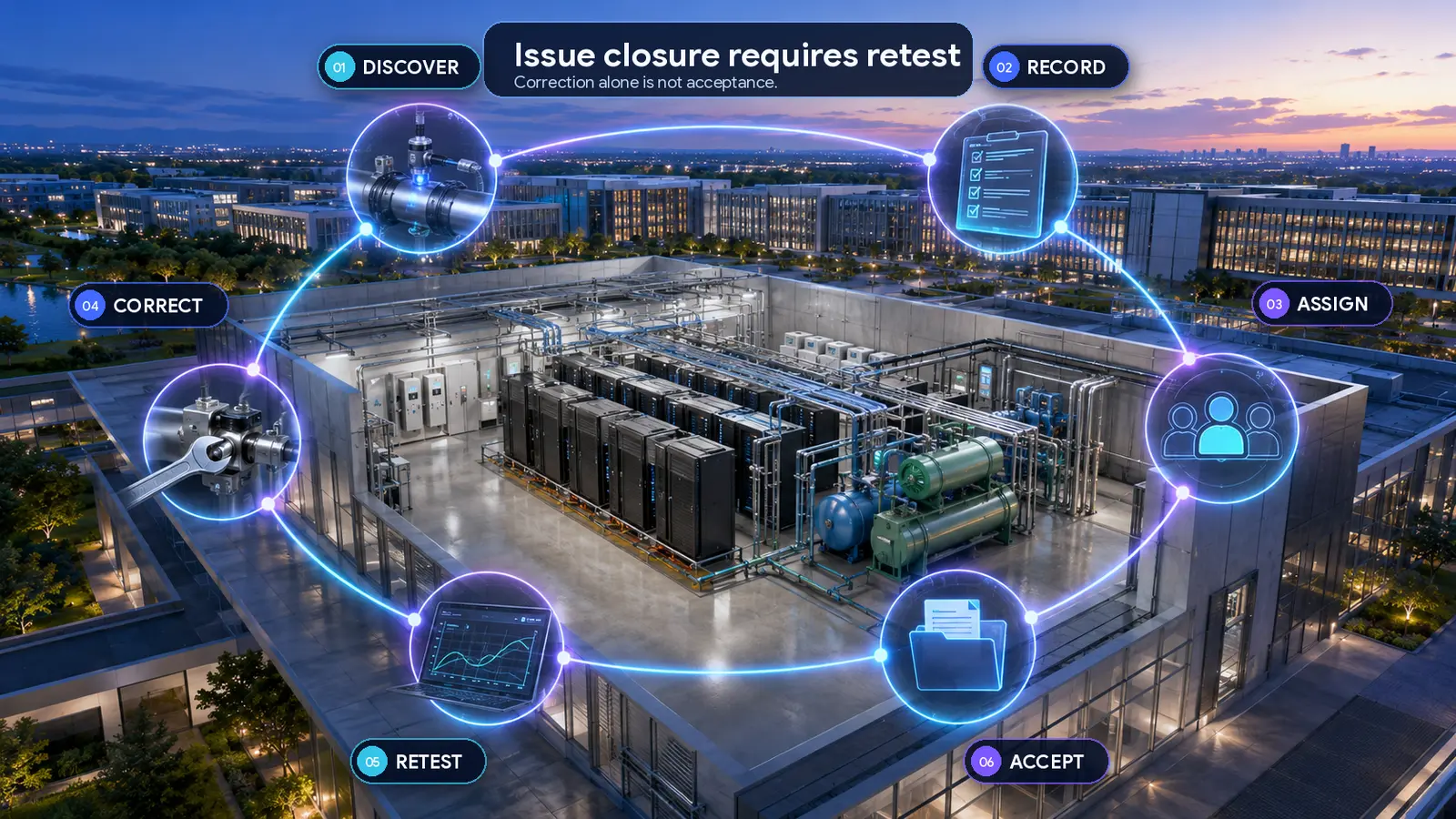 Commissioning issue closure loop from discovery and assignment through correction retest and acceptance