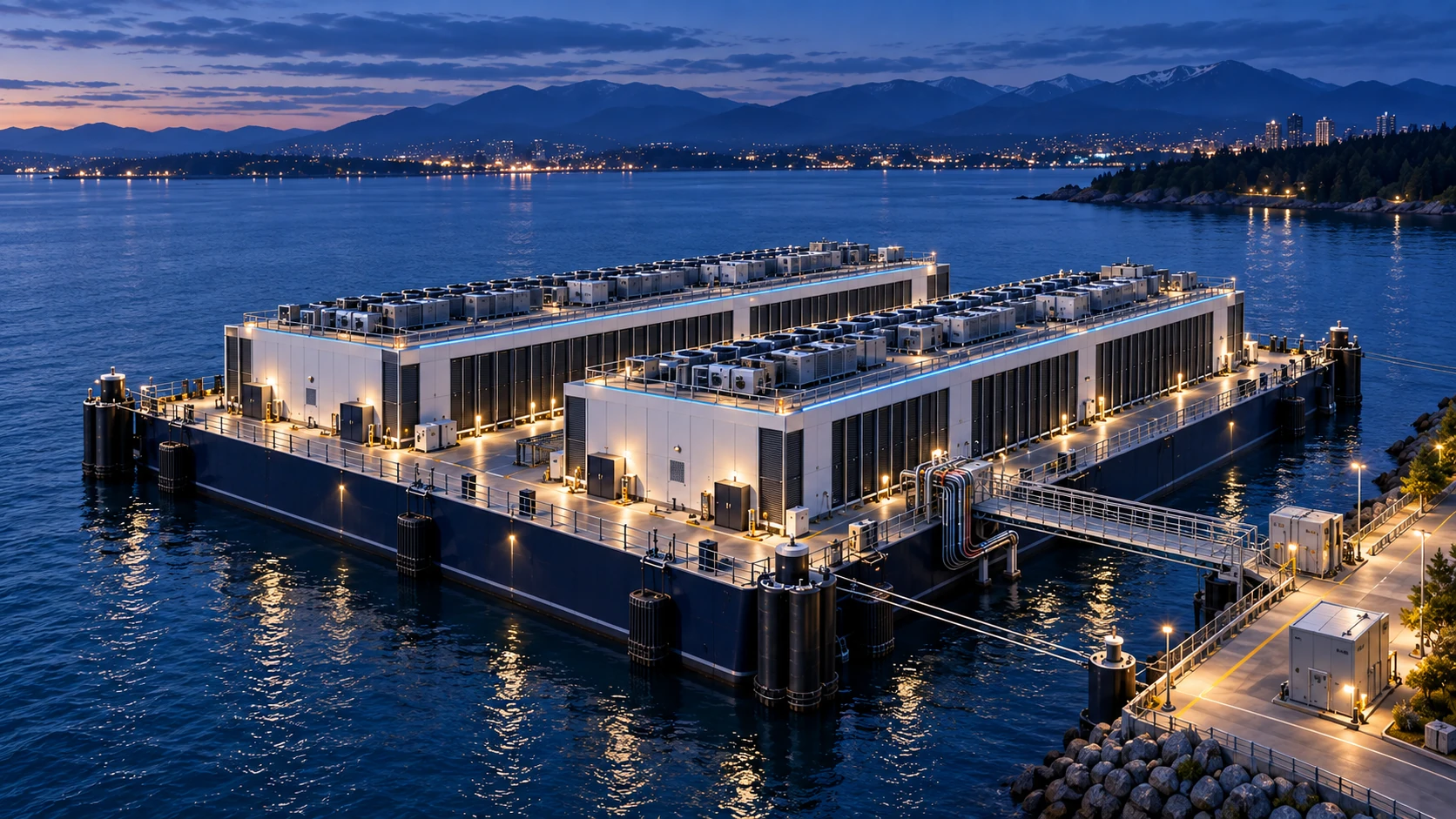 Conceptual rectangular floating barge carrying two parallel data halls, with mooring piles and a shore access gangway